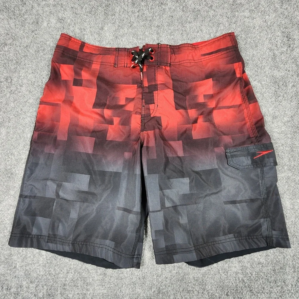 Speedo Mens Board Shorts Red Black Ombre Digital Block Swim Trunks Size‎ 36